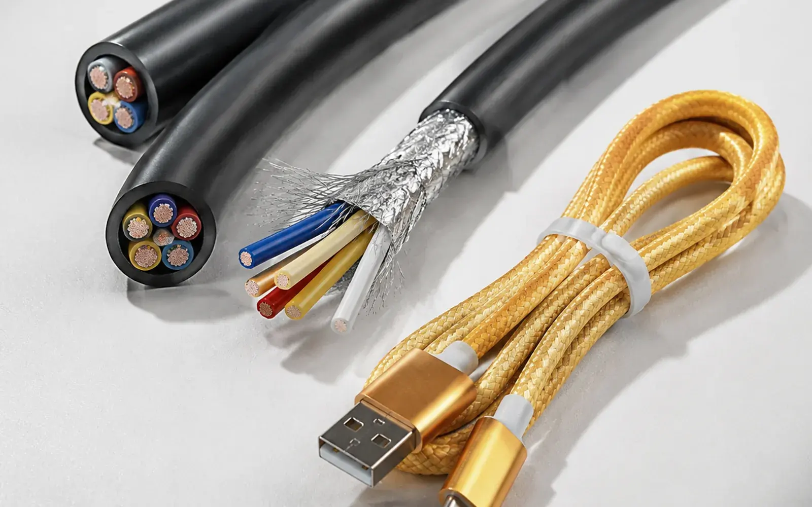 Illustration of wire, data cable, and charging cable products